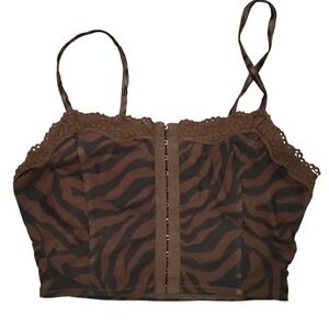 FULL TILT Brown Zebra Print Mesh Corset Top Camisole Lace Trim Cropped